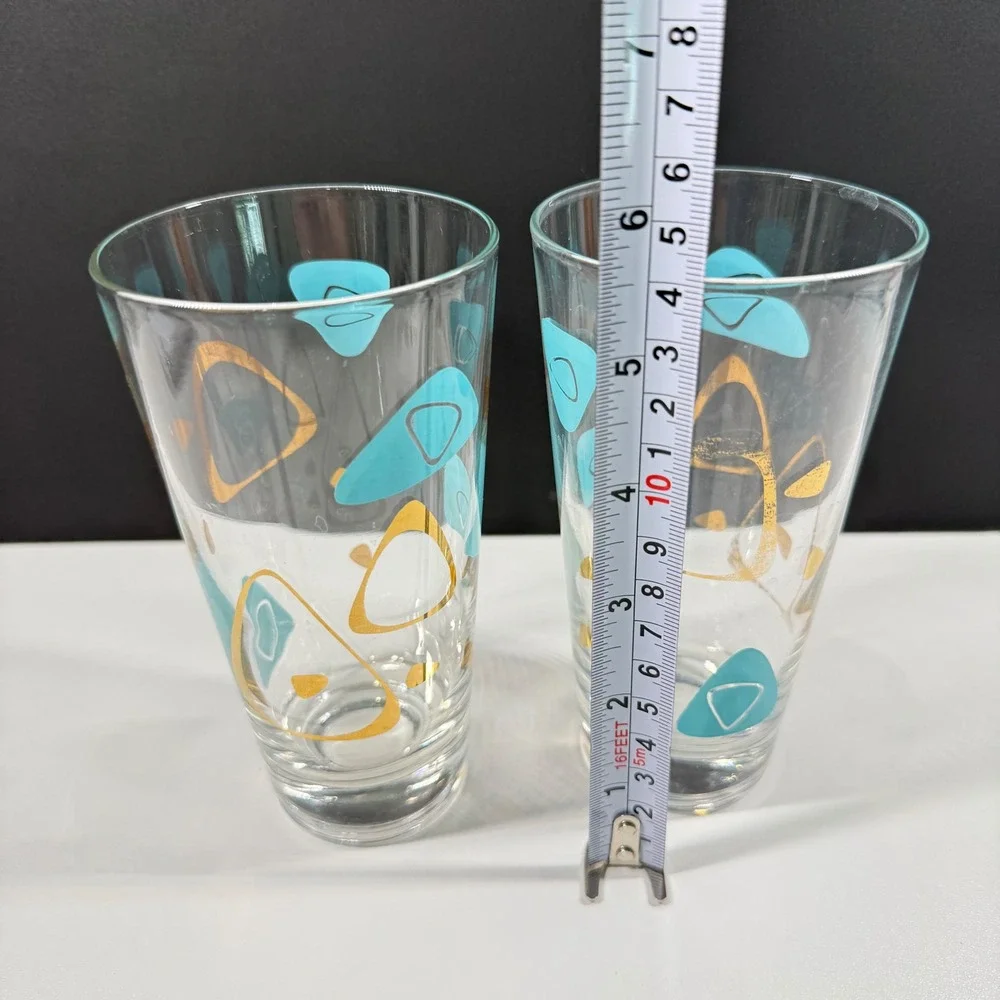 Vintage Mid Century Modern Atomic Boomerang Highball Glasses Teal Gold Set of 2